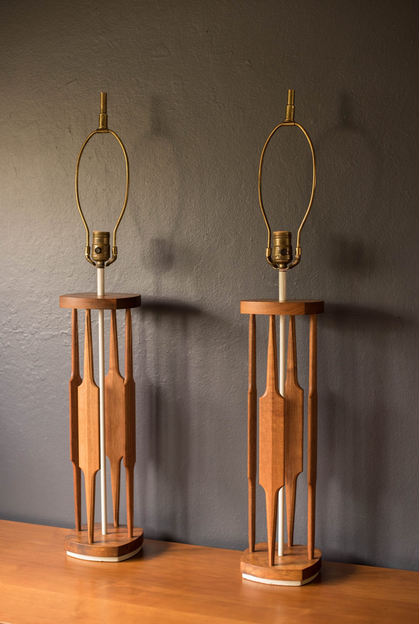 Tony Paul Mid Century Walnut and Brass Table Lamps – Pair