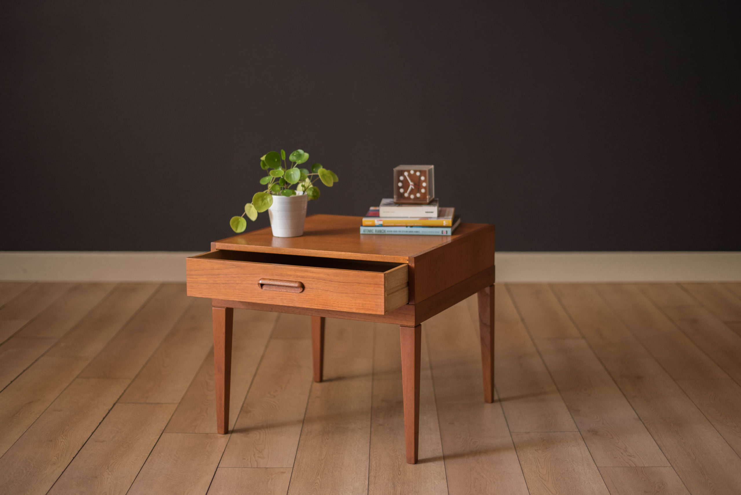 Mid Century Modern Teak Accent Square End Table with Storage Drawer