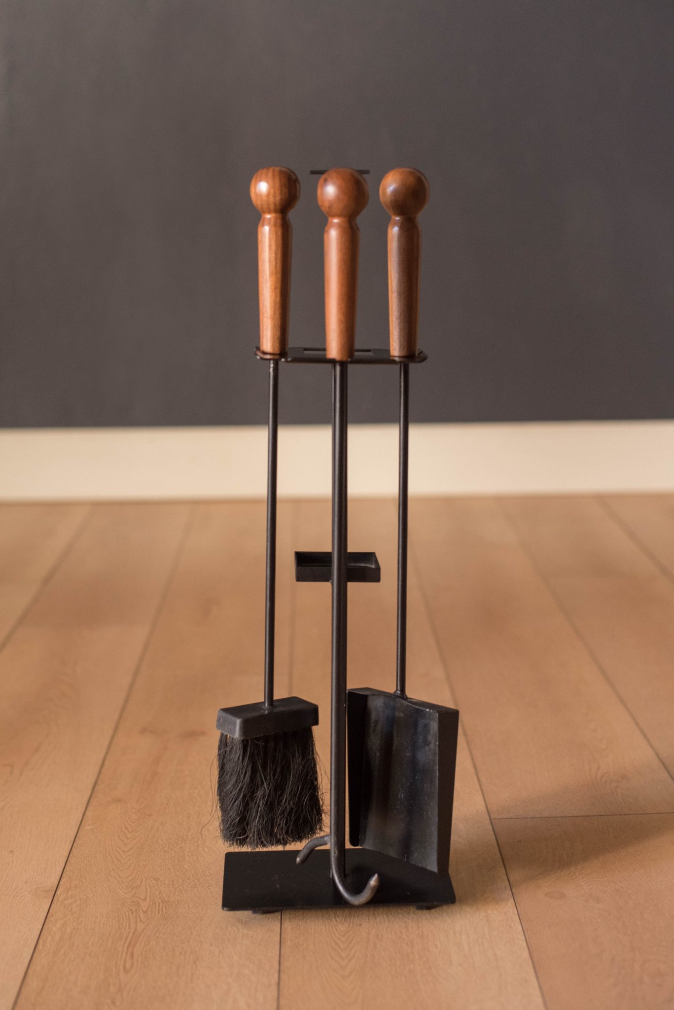 Mid Century Walnut and Iron Fireplace Tool Set Mid Century Maddist