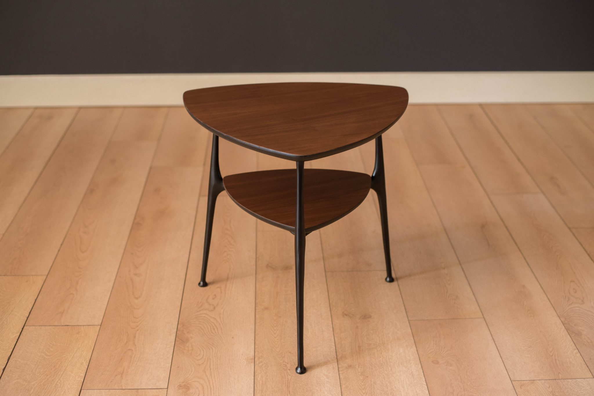 Mid-Century Modern Two-Tier Triangle Black and Walnut End Table - Mid